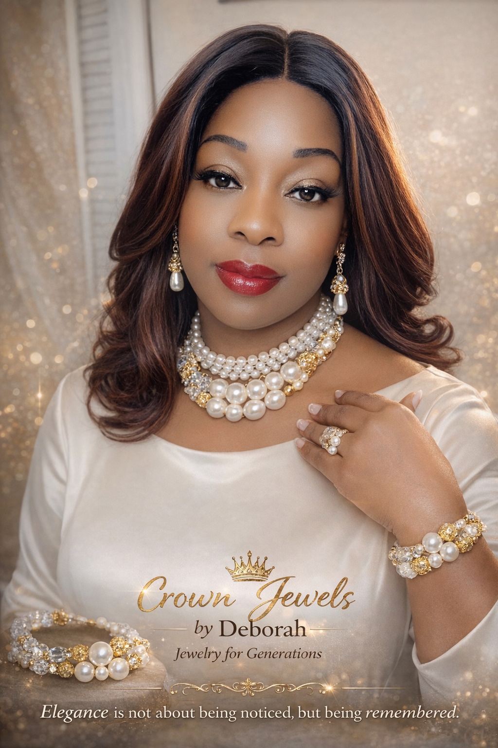 Deborah, founder and jewelry maker of Crown Jewels by Deborah, wearing pearl and gold jewelry
