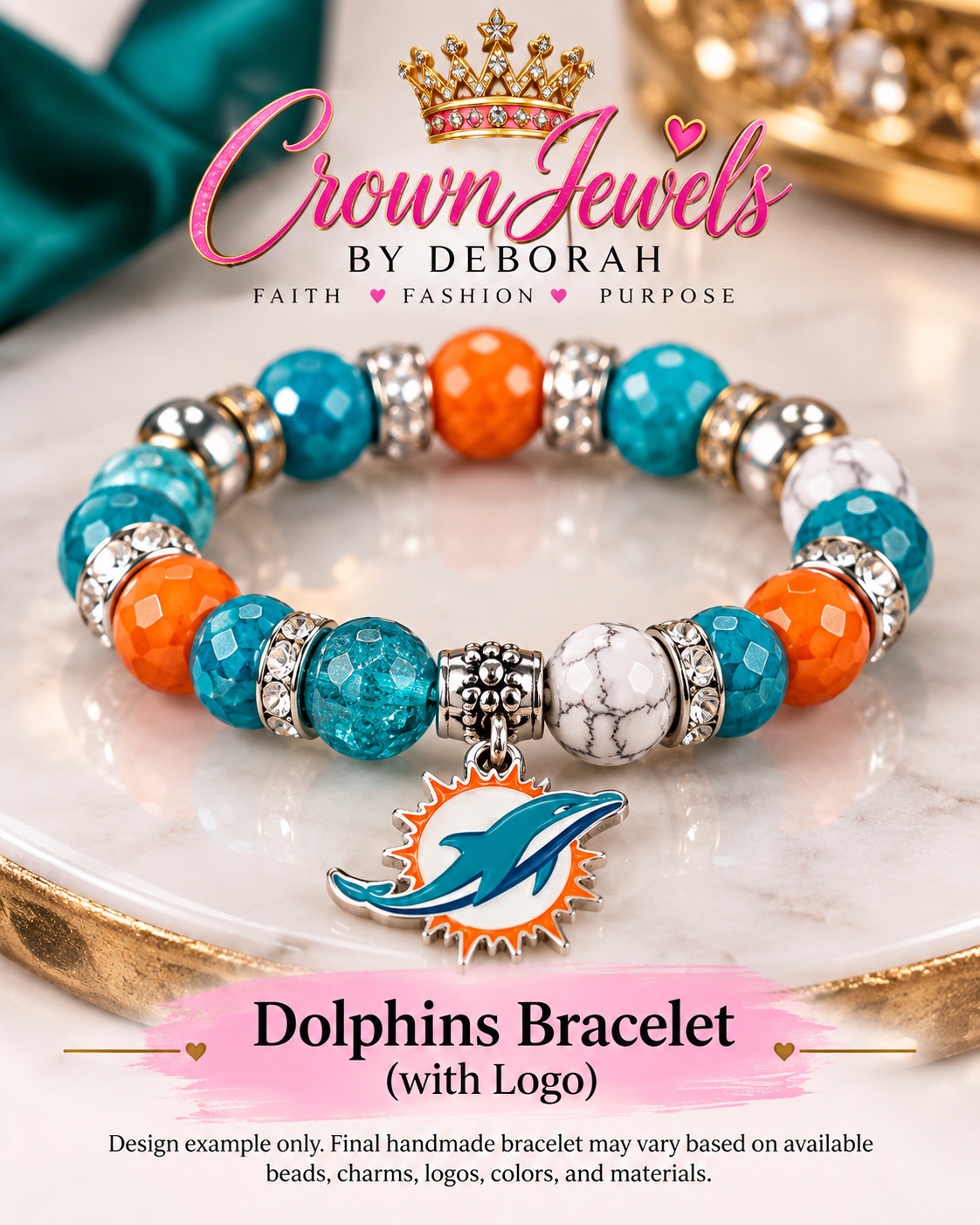 Dolphins bracelet design example with aqua, orange, and white beads and a team logo charm