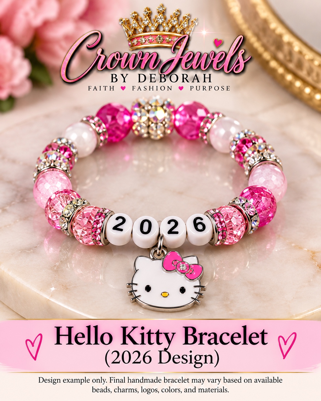 Hello Kitty 2026 bracelet design example with pink and white beads, year beads, and a character charm