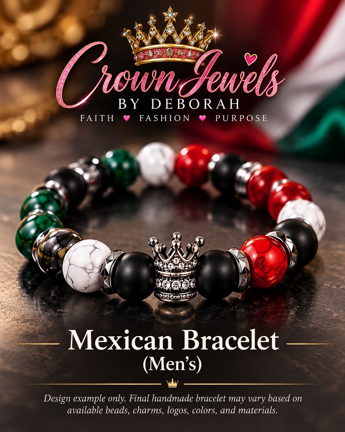 Men’s Mexican bracelet design example with black, red, green, and white beads and a crown accent